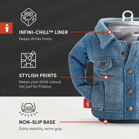 Puffin estuche denim para bebidas combina estilo y funcionalidad.