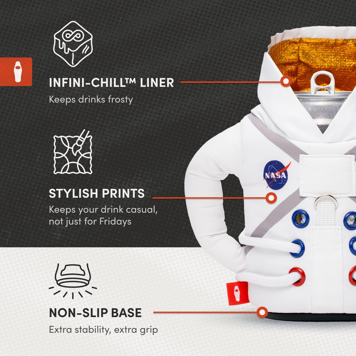 Puffin Space Suit Jacket, uso con lata 12 oz, ideal para cerveza y refrescos.