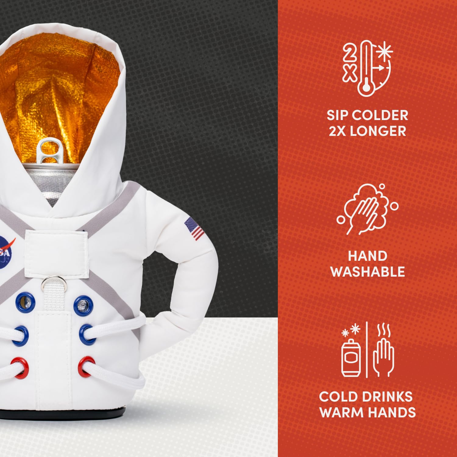 Puffin Space Suit Jacket, uso con lata o botella 16 oz, versátil para bebidas.