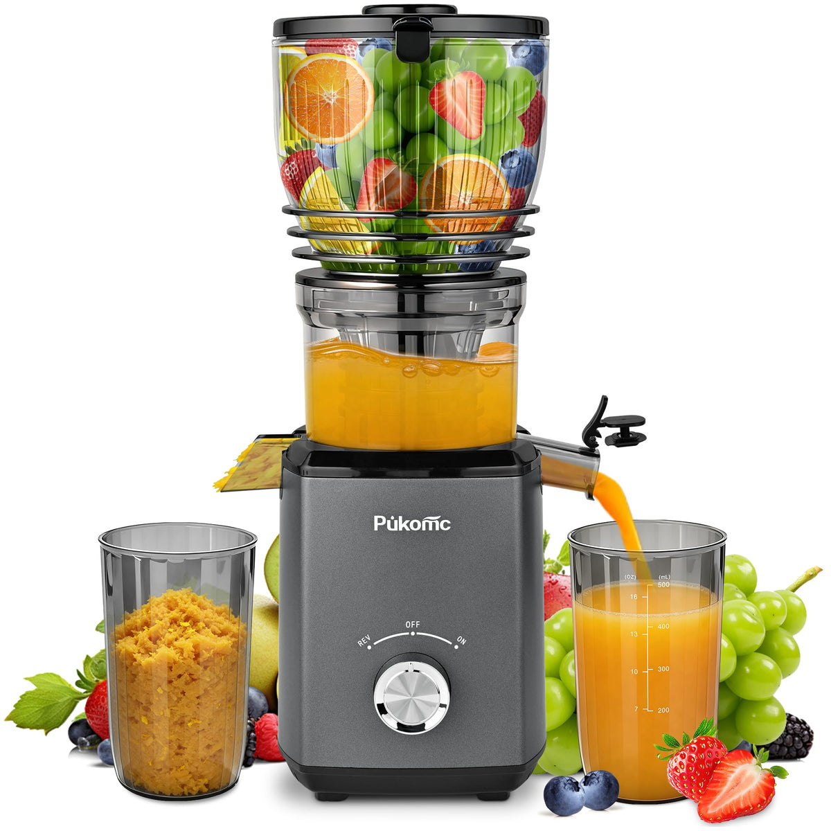 Pukomc exprimidor de prensa fría con tolva amplia para jugos caseros.