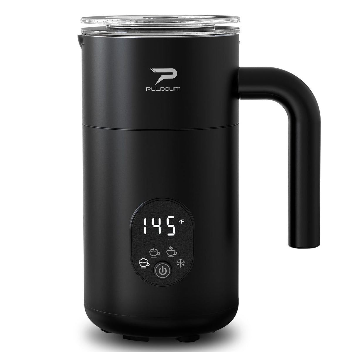 Batidora de leche Puldoum 4 en 1, vista frontal, ideal para bebidas rápidas.