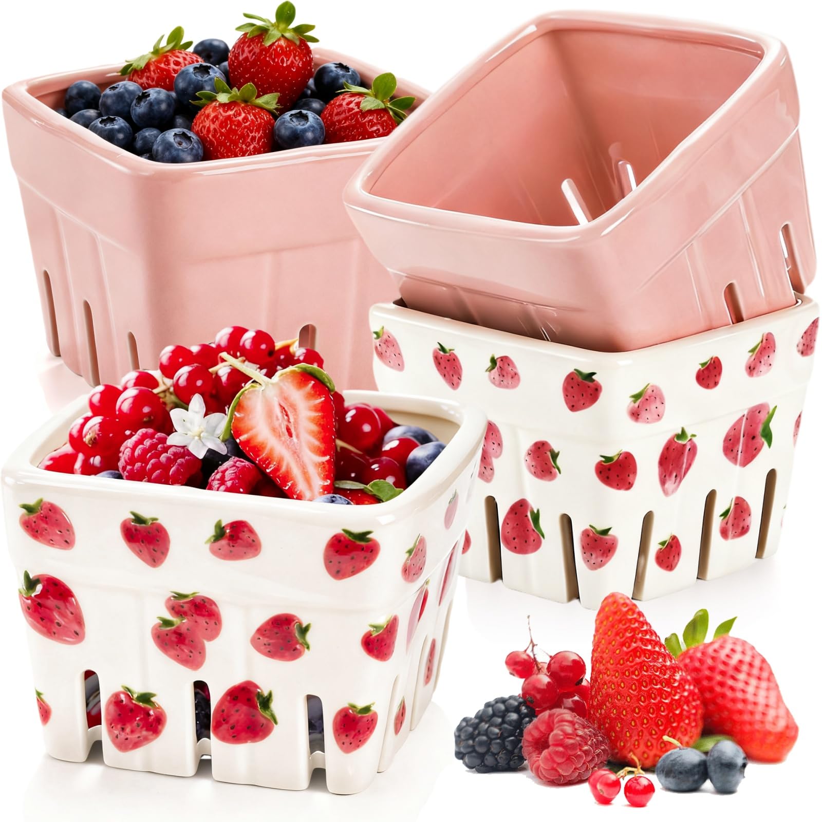 Cestas cerámicas Pumtus para bayas en rosa y blanco, almacenamiento elegante.