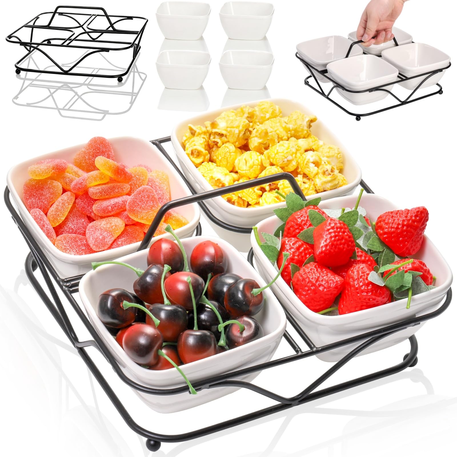 Pumtus plato cerámico dividido con base metálica, ideal para aperitivos.