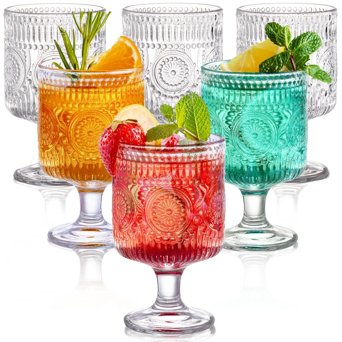 Vaso Pumtus goblet vintage con relieve floral, ideal para cócteles elegantes
