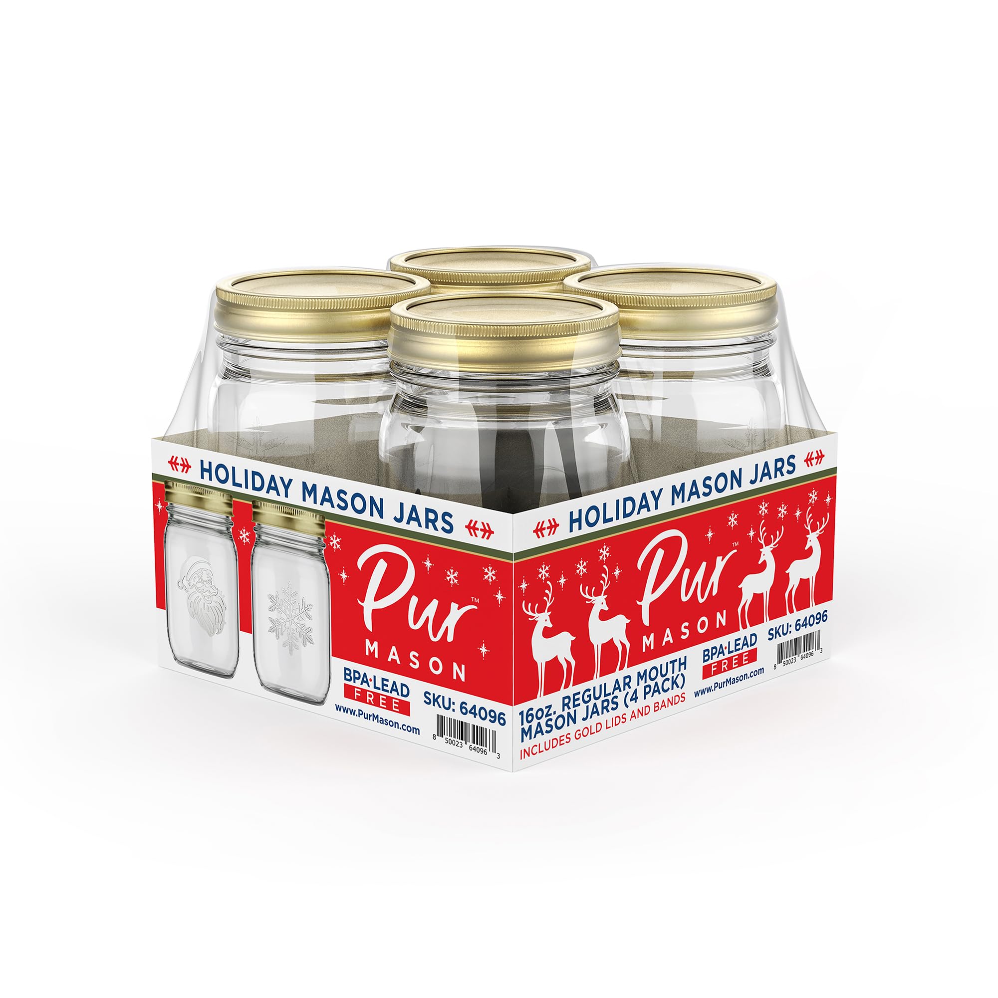 Pur Mason tarro 473 ml con boca regular y relieve de Santa, ideal para regalos festivos.
