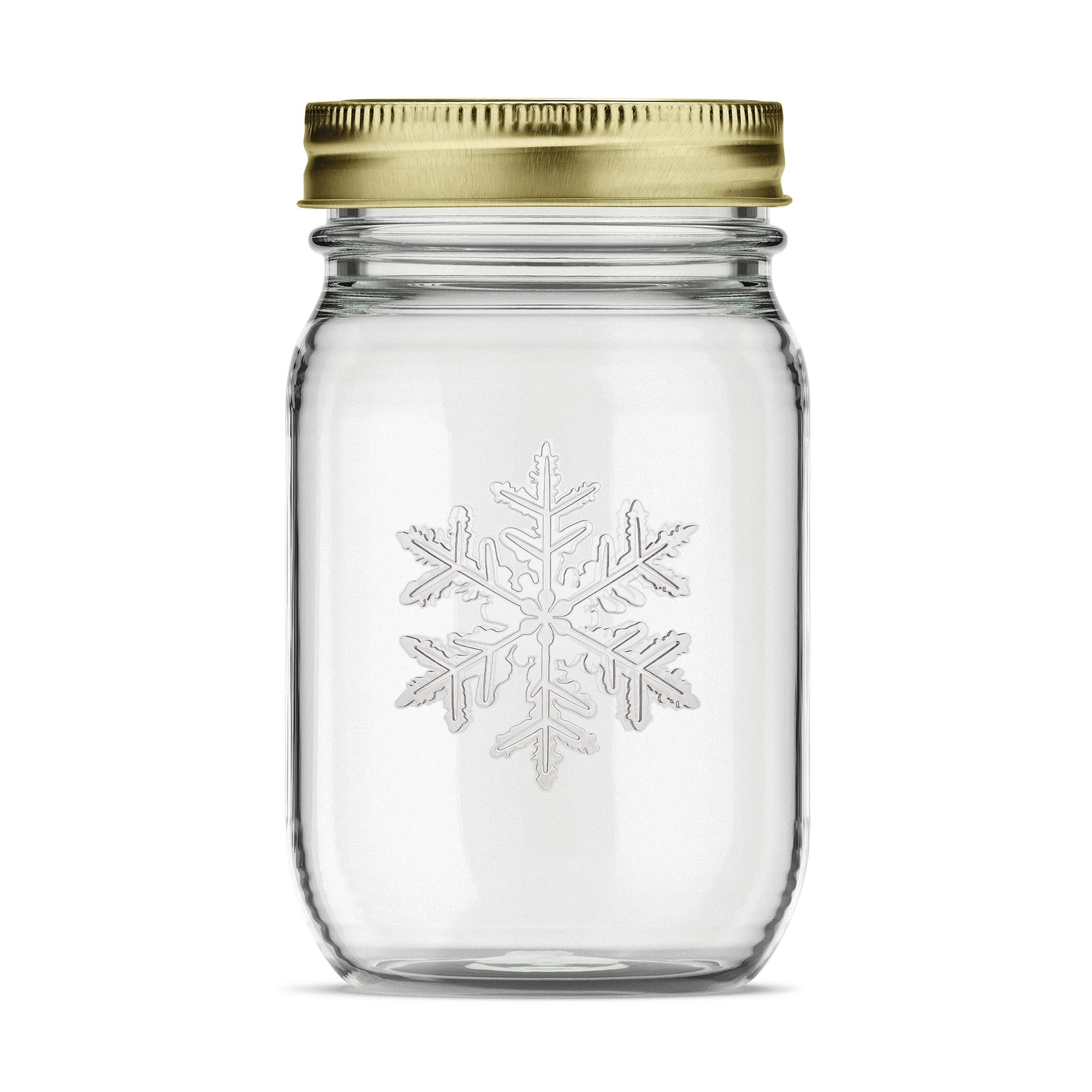 Pur Mason tarro 473 ml con copos de nieve y Santa en relieve, perfecto para regalos.