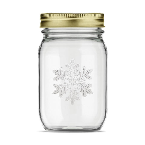 Pur Mason tarro 473 ml con copos de nieve y Santa en relieve, perfecto para regalos.