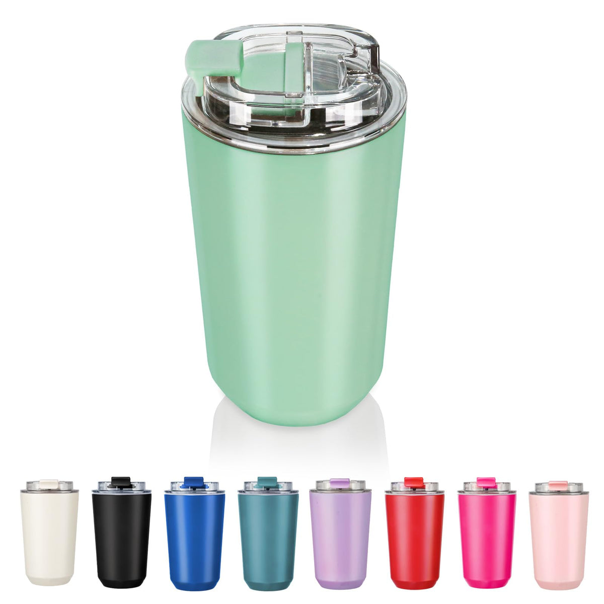 Puraville vaso termico de 14 oz verde con tapa voltea, mantiene bebidas a temperatura ideal.