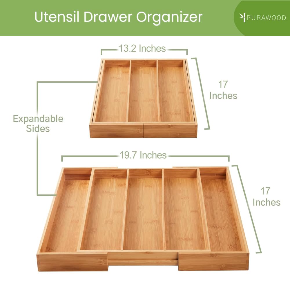 Purawood organizador de cajón de bambú resistente para utensilios.