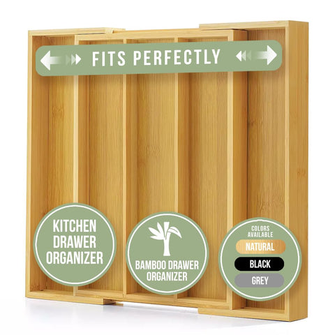 Purawood organizador de cubiertos con 3-5 compartimentos, aumenta la capacidad de almacenamiento.