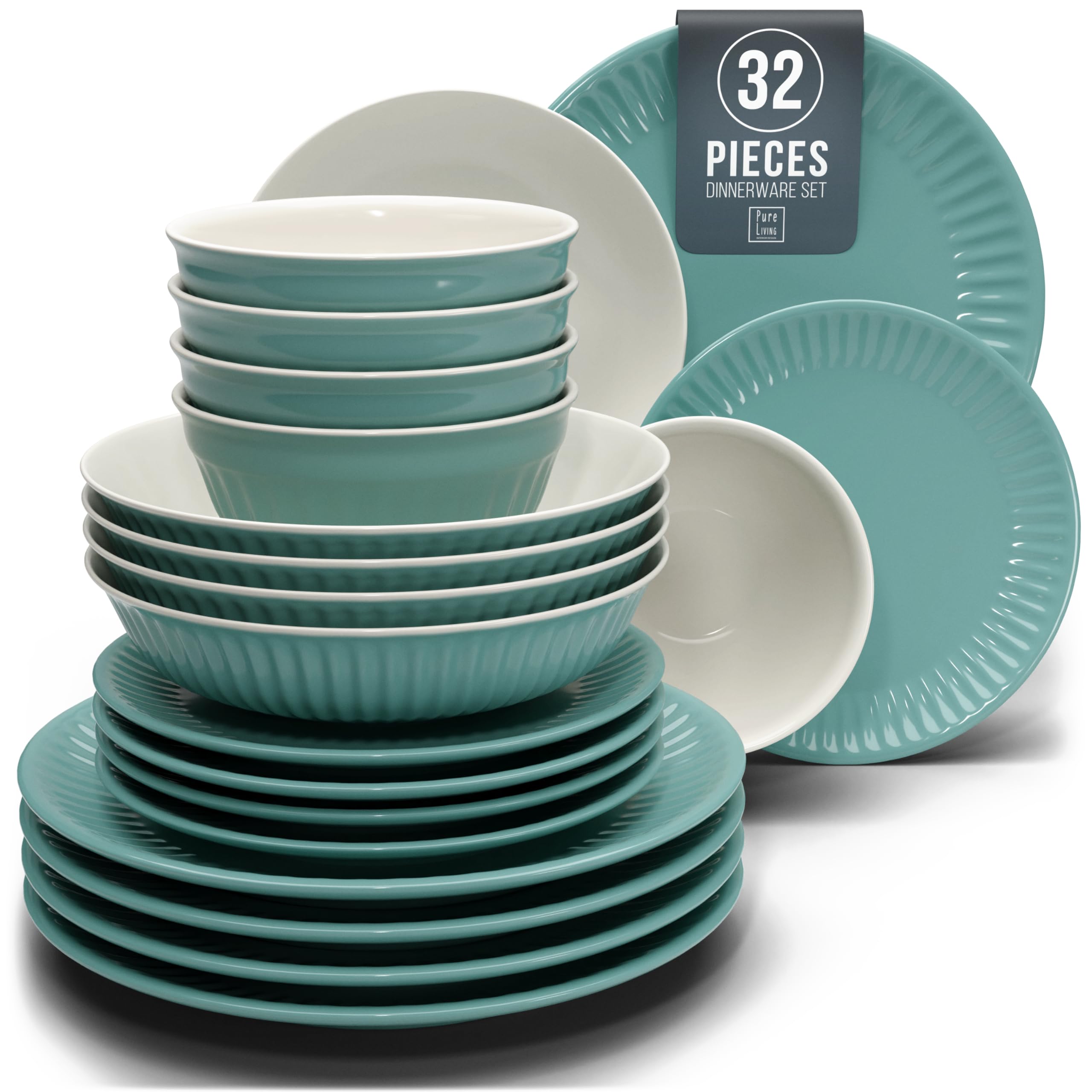 PURE LIVING INTERIOR DESIGN vajilla de piedra verde con relieve, ideal para 8 comensales.