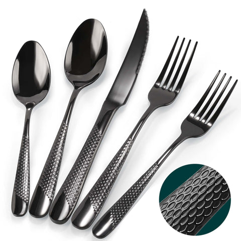 PUREAIN cubiertos 30 piezas negro martillado frente, mesa elegante