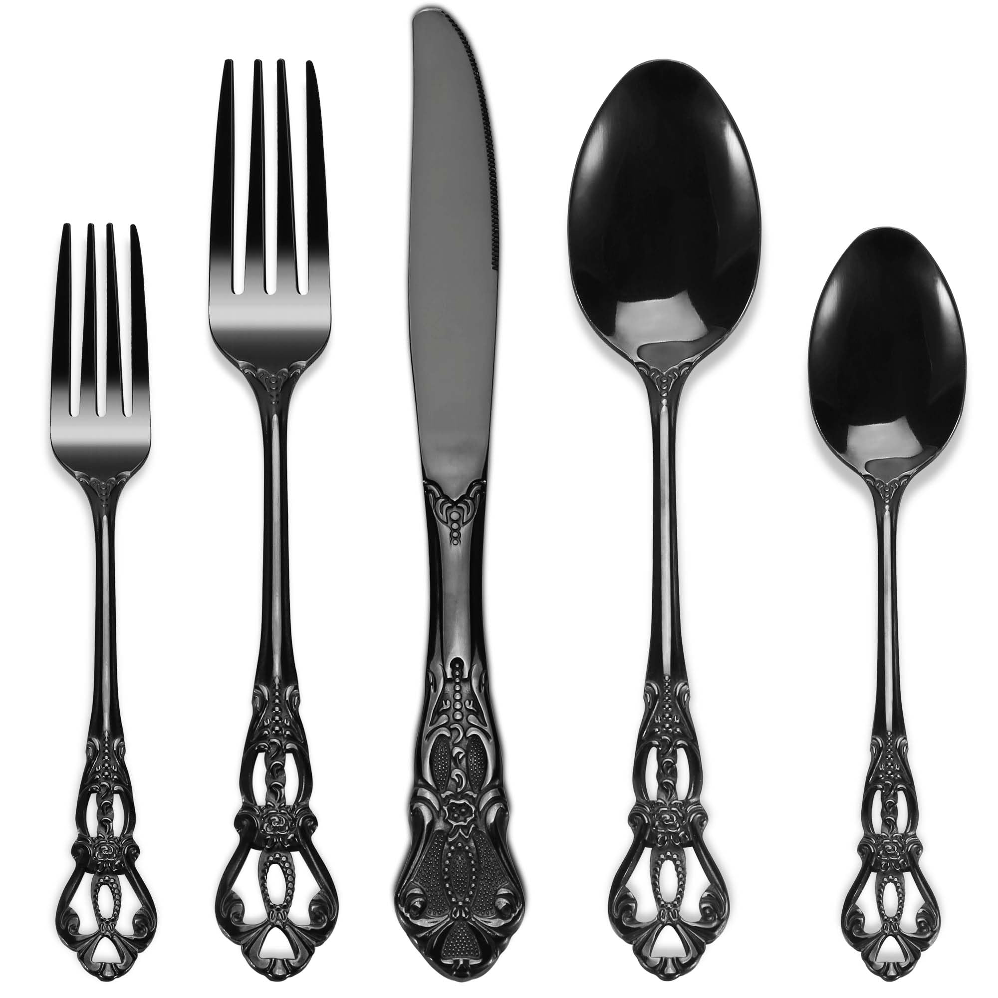 Pureain juego cubiertos negro plateado 30 piezas para mesa formal con acabado resistente.