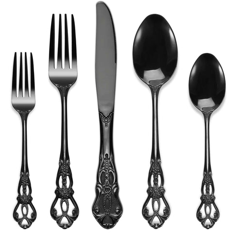 Pureain juego cubiertos negro plateado 30 piezas para mesa formal con acabado resistente.