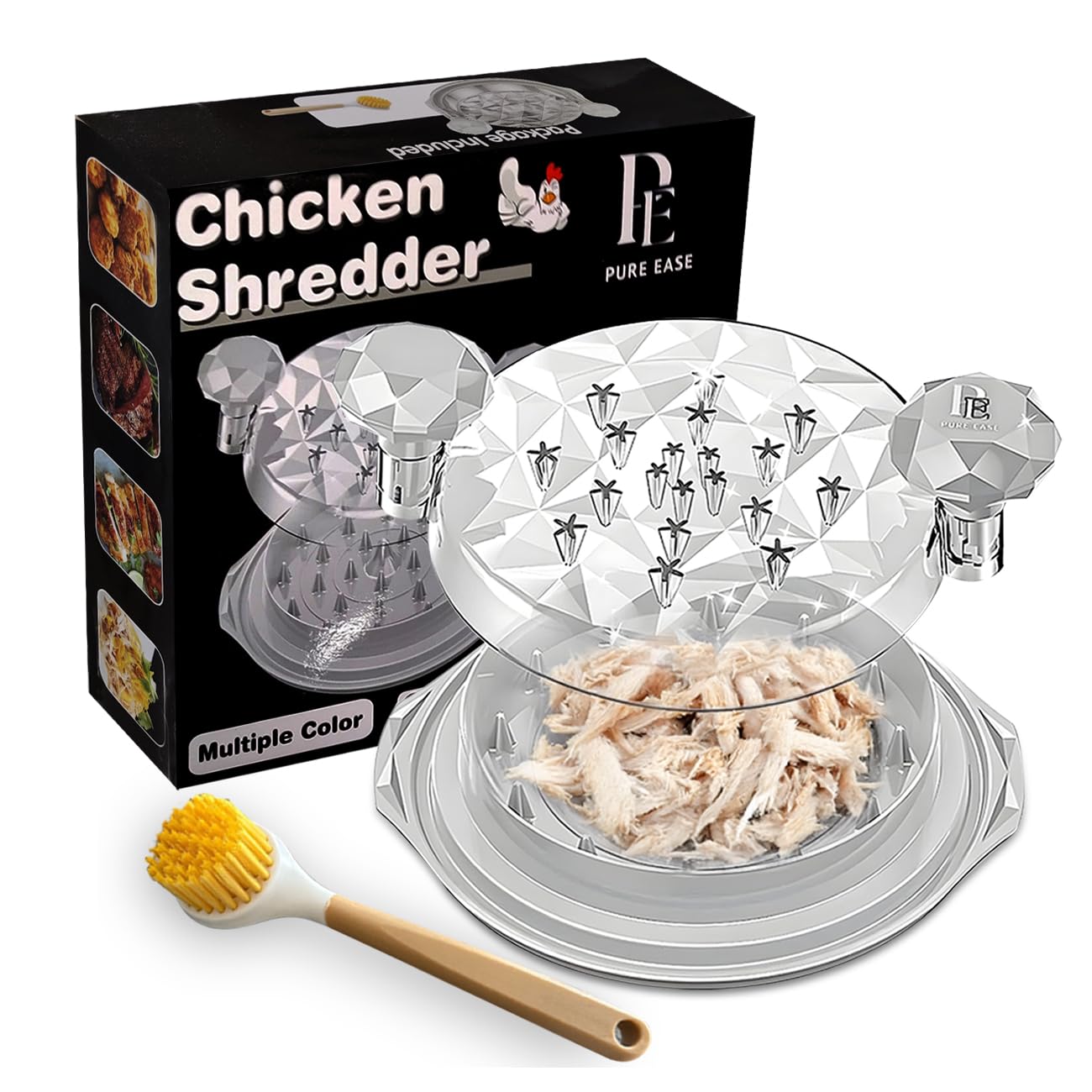 PureEase deshilachador de pollo con cepillo anti-deslizante para mayor control.