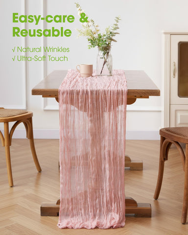 Mantel Pureegg gasa rosa polvo bordes costurados ofrecen durabilidad y acabado limpio.