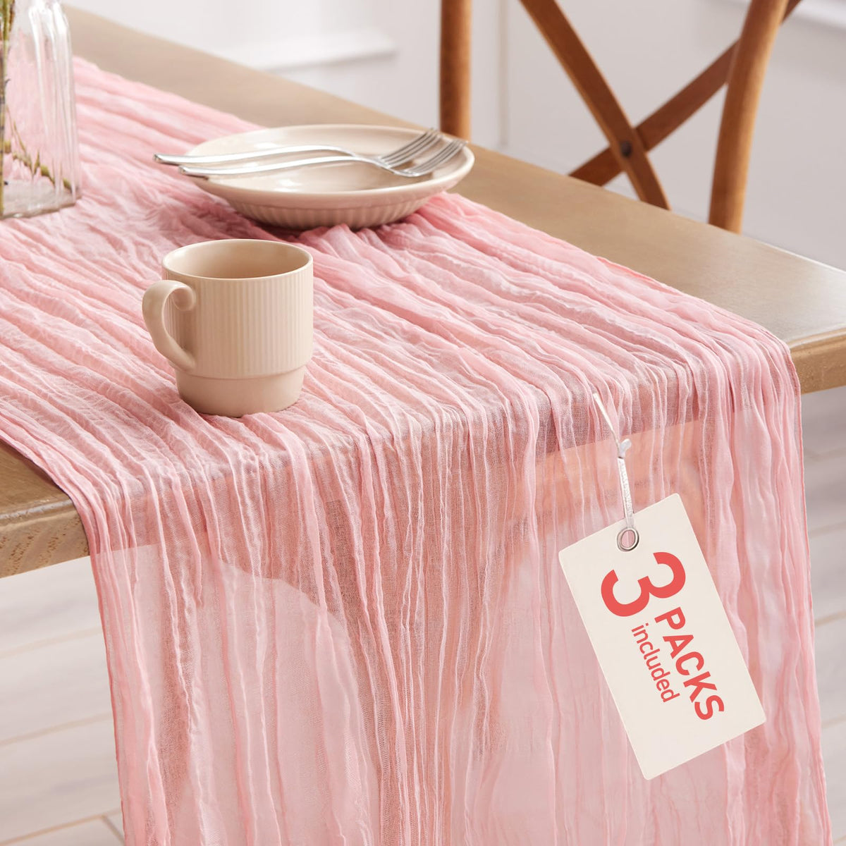 Mantel Pureegg de gasa rosa polvo plano, añade elegancia discreta a la mesa.