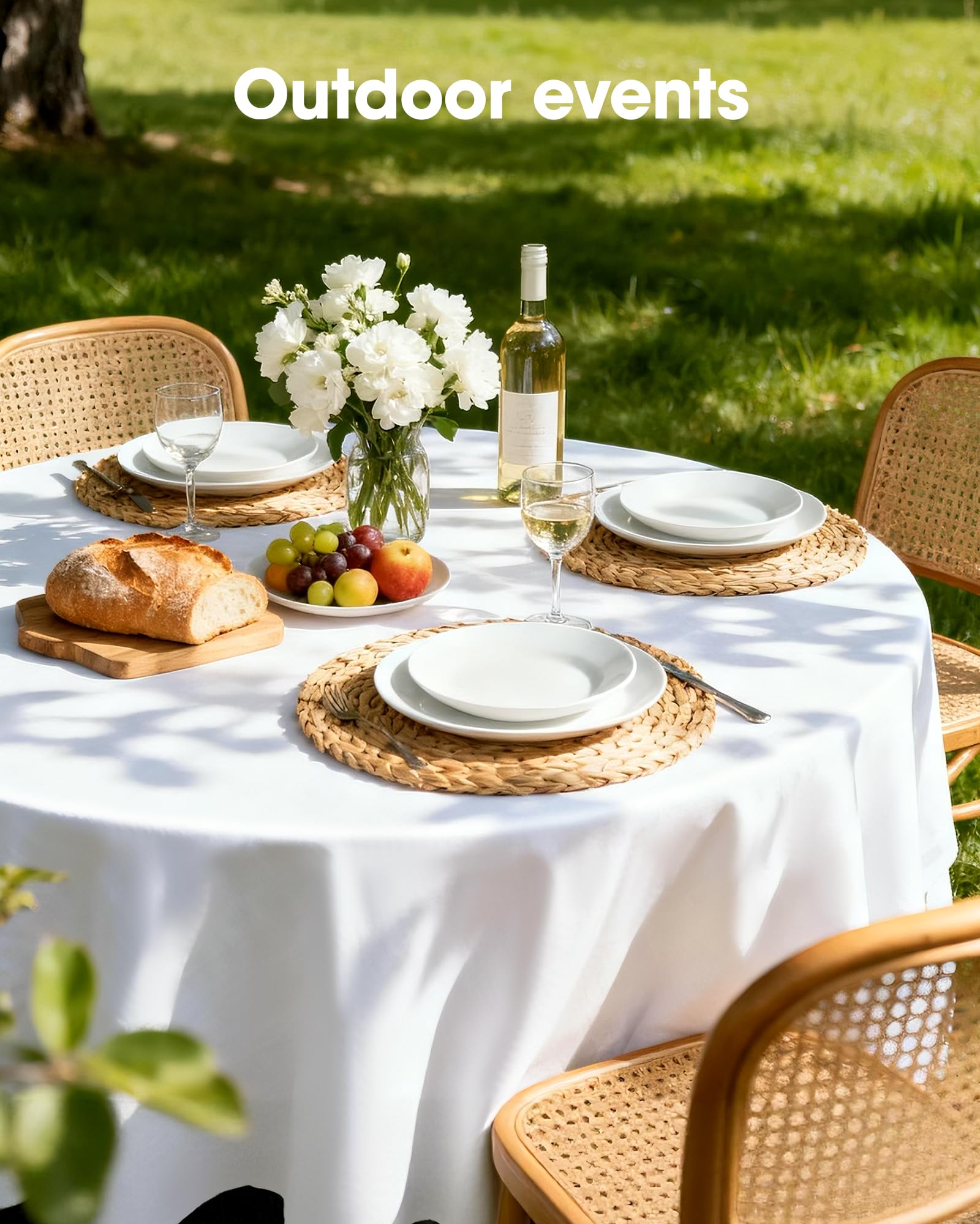 Ideal para bodas, fiestas y picnics con mantel redondo blanco