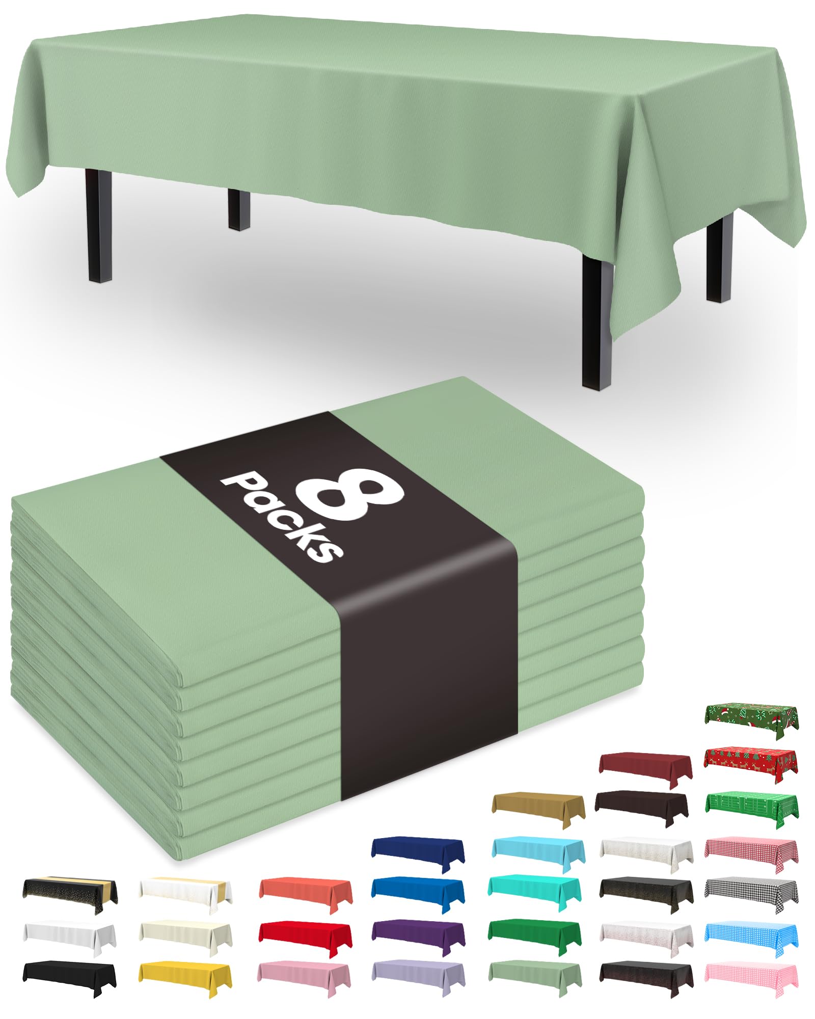 Mantel plástico desechable Pureegg 54x108 en verde salvia: ideal para fiestas y comidas al aire libre.
