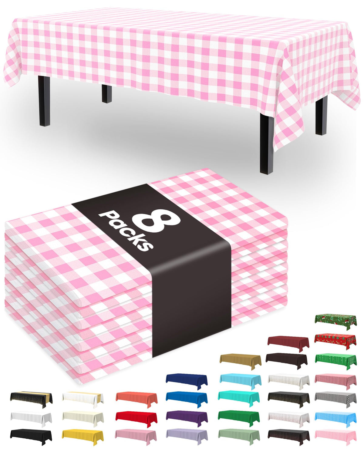 Mantel plástico desechable Pureegg, rosado con cuadros, ideal para fiestas y mesas limpias.