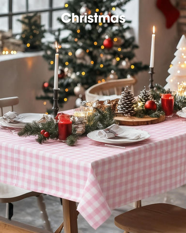 Mantel rectangular con cuadros rosas para comidas diarias y celebraciones informales.