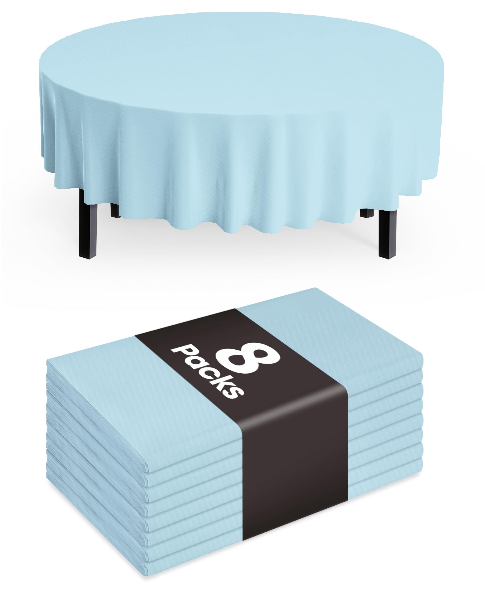 Mantel plástico redondo Pureegg de 84 pulgadas en azul claro, ideal para fiestas y limpieza rápida