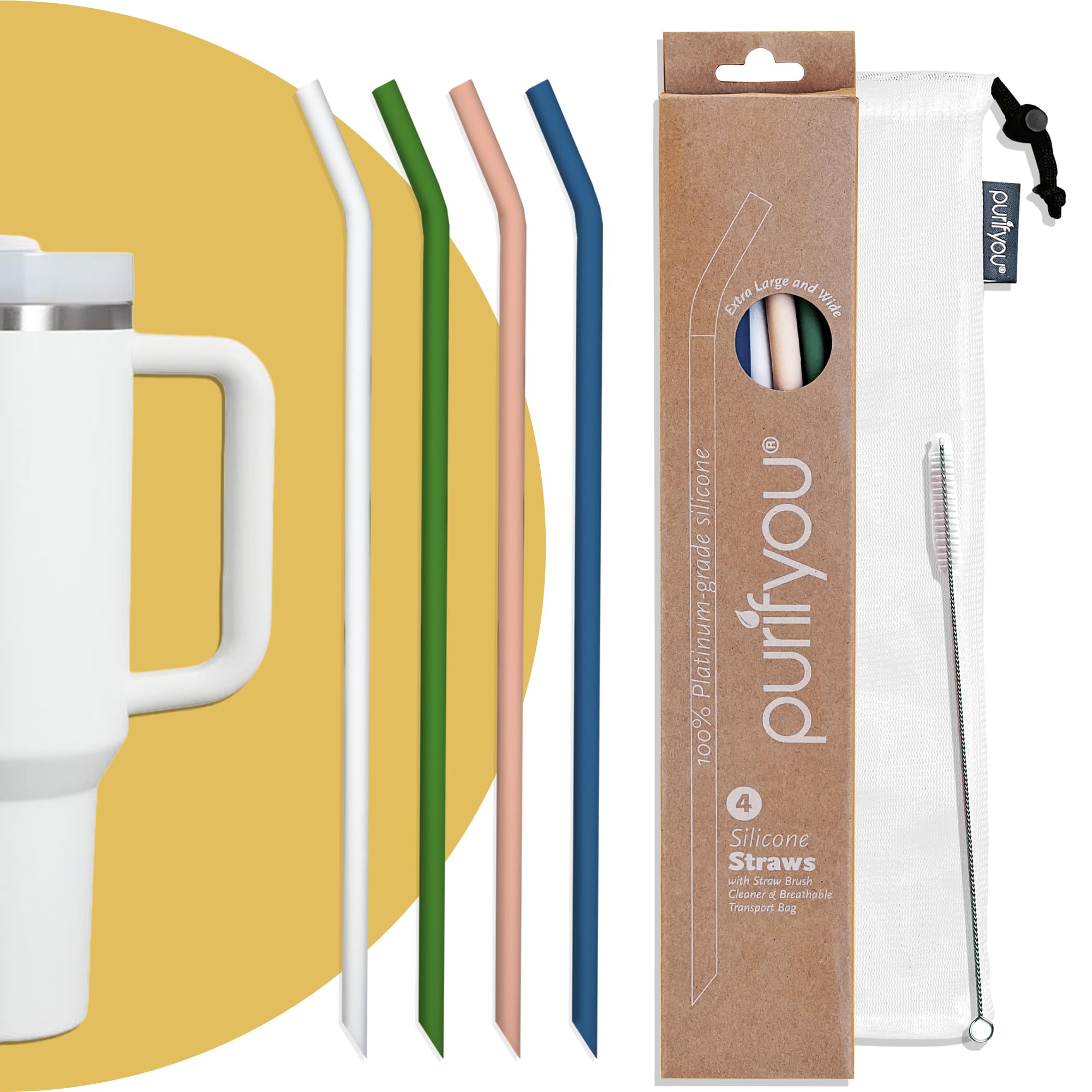 Pajitas de silicona extra largas Purifyou compatibles con vasos Stanley para bebidas grandes.
