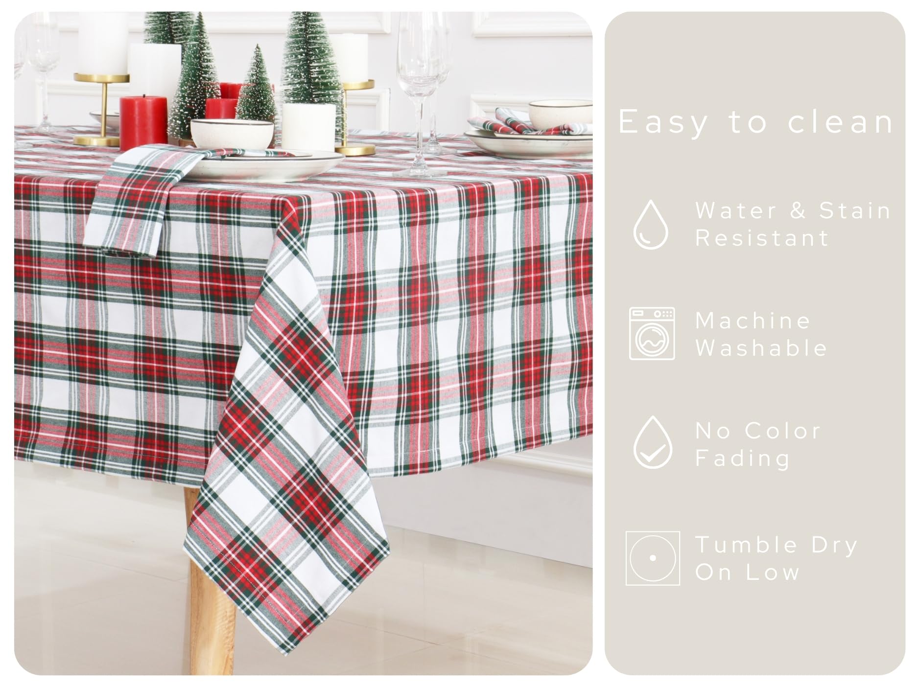 PurpleEssences mantel tartán con temática navideña, detalle cálido para comedor.