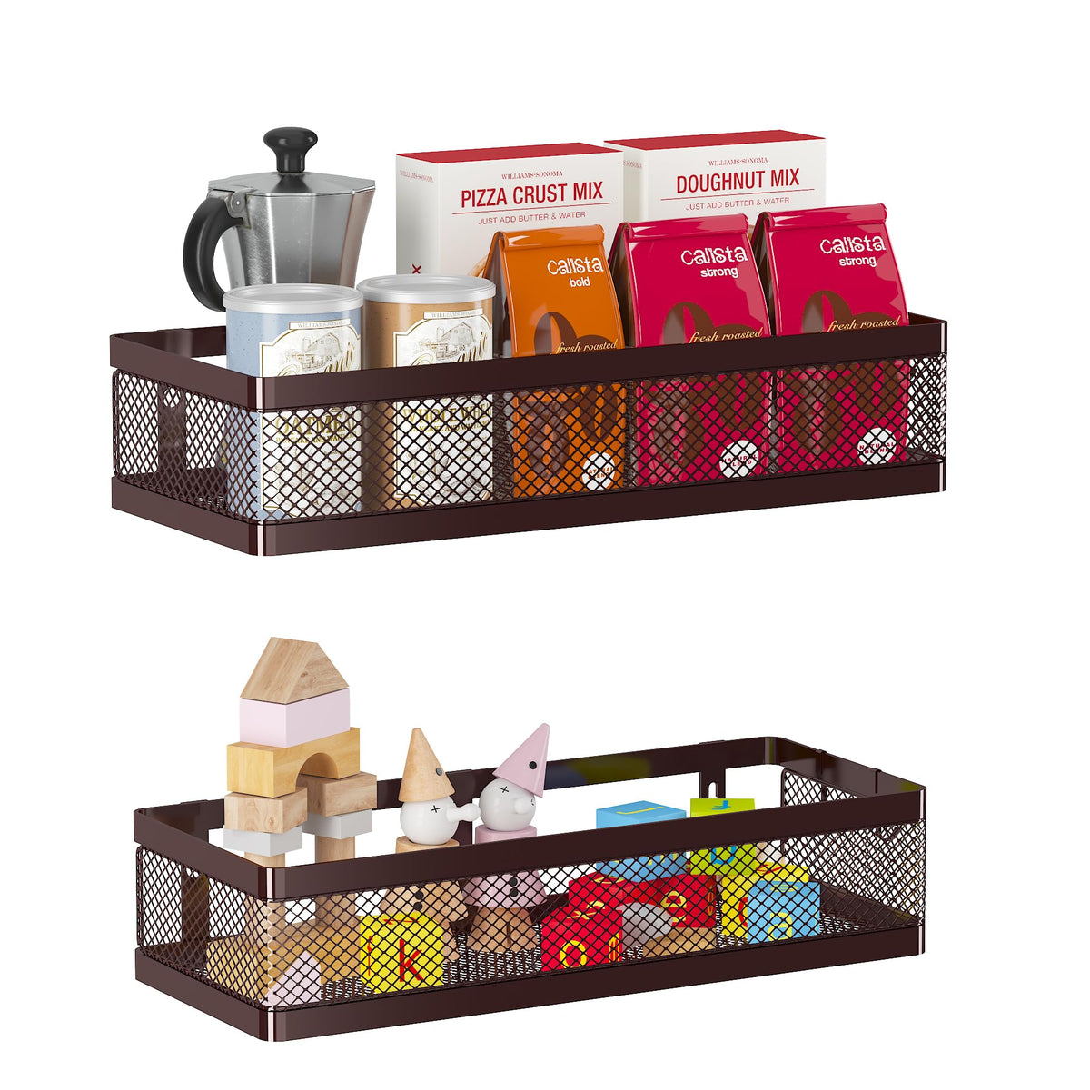 Cesta colgante PUSDON en pared con malla, ideal para despensa ordenada.