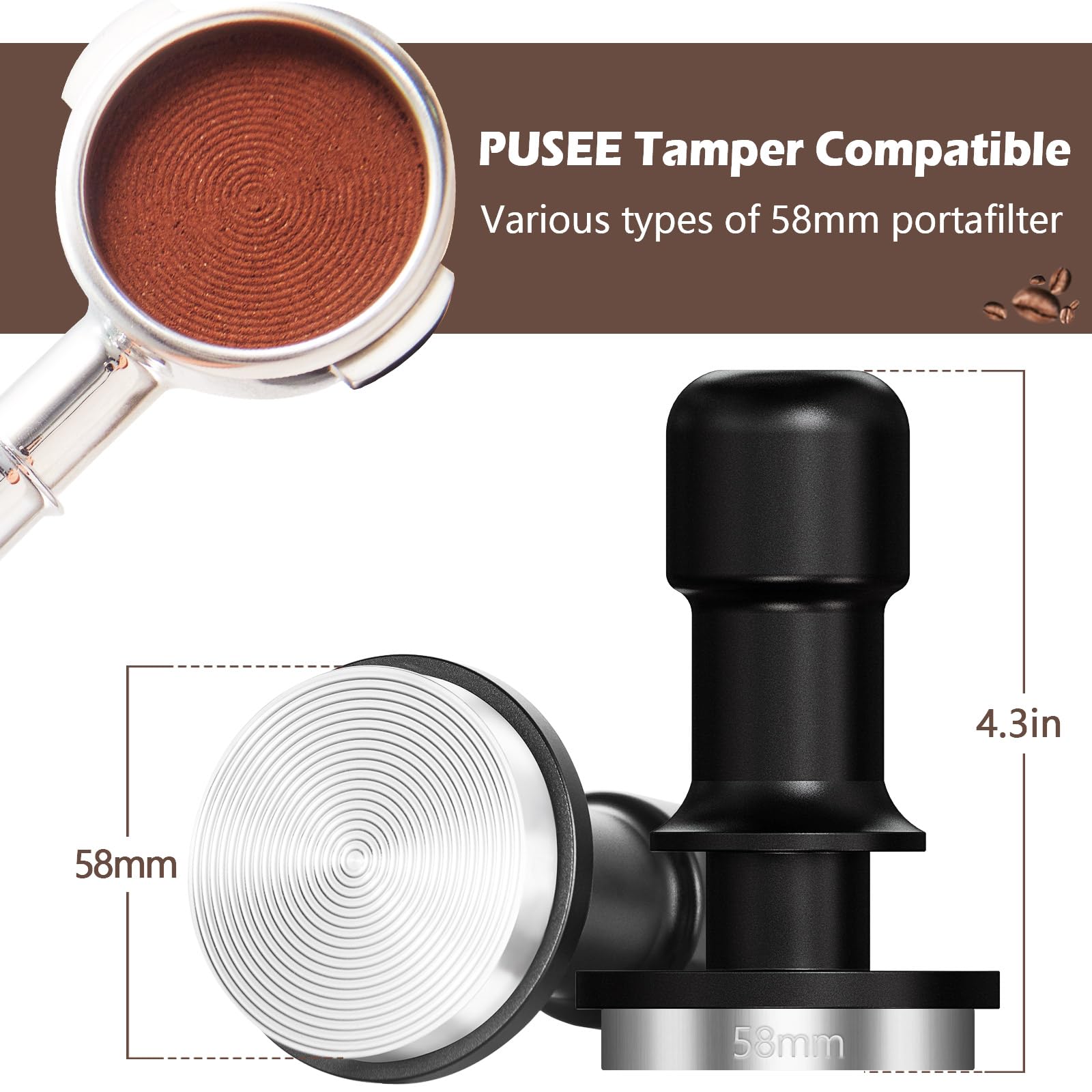 PUSEE apisonador de café 58mm, mango ergonómico, control cómodo durante la extracción.