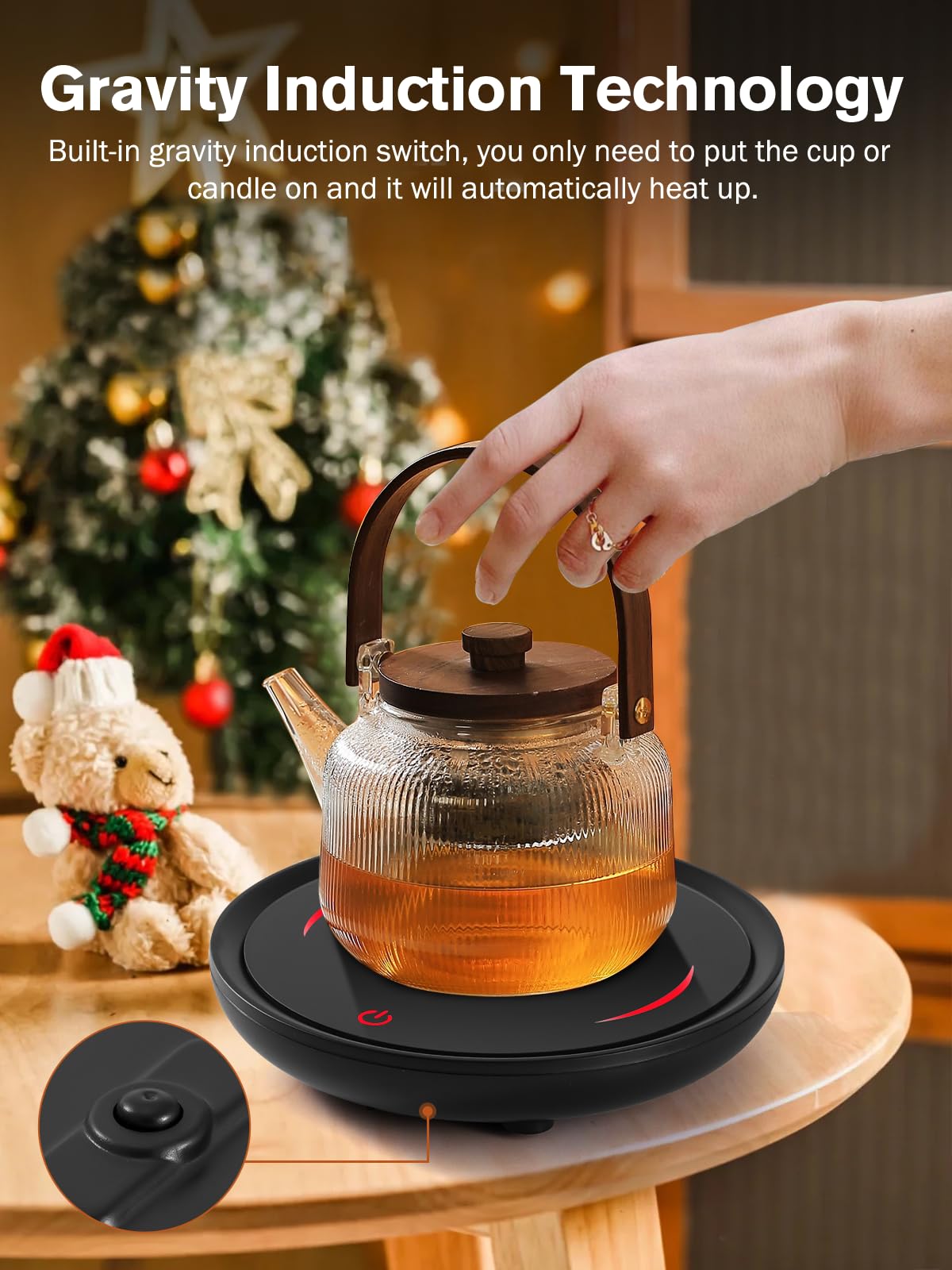 PUSEE sensor-gravedad activa al colocar la taza y se apaga al retirar, uso intuitivo.