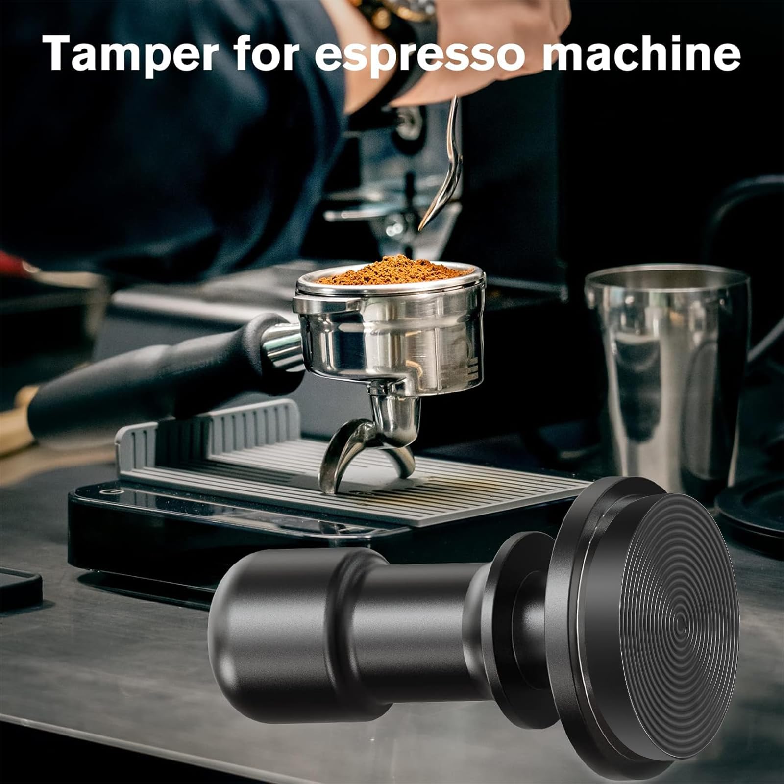 PUSEE tamper 53mm con dimensiones precisas para portafiltros compatibles.