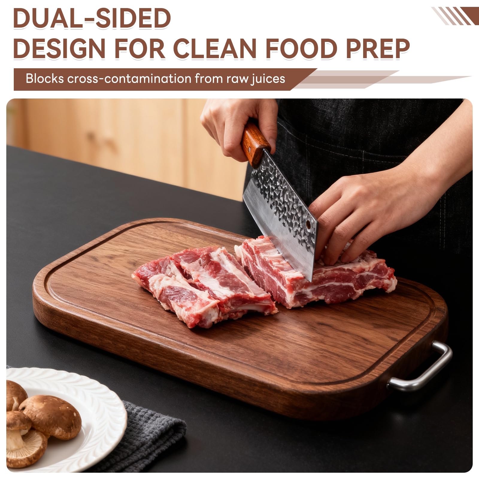 Tabla de corte Pusgrew de doble cara en ébano, ideal para carne y verduras.