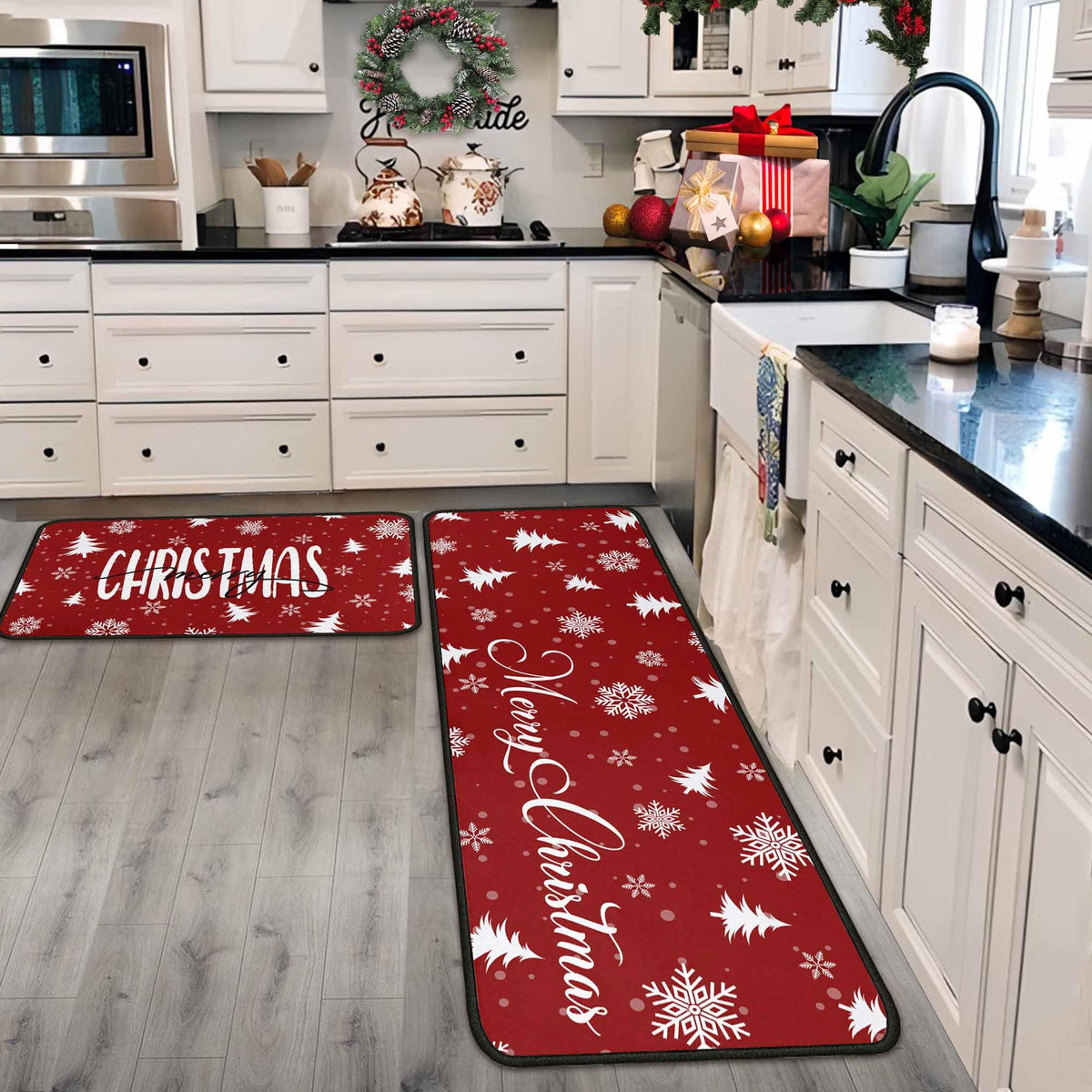 Putware alfombra navideña con nieve para la cocina: protege el piso y decora.