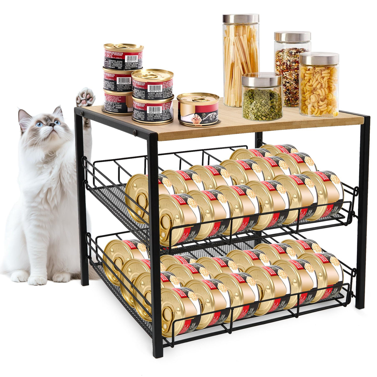 PWSOMJ Organizador de latas para gatos, vista superior con superficie extra para objetos
