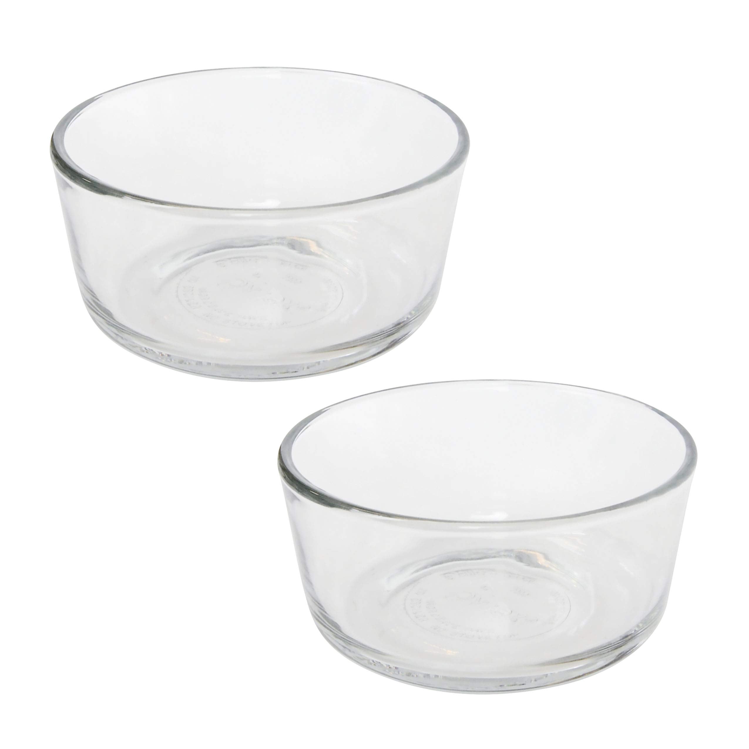 Cuencos Pyrex 7200 de dos tazas, vista frontal, apilables para ahorrar espacio en la cocina.
