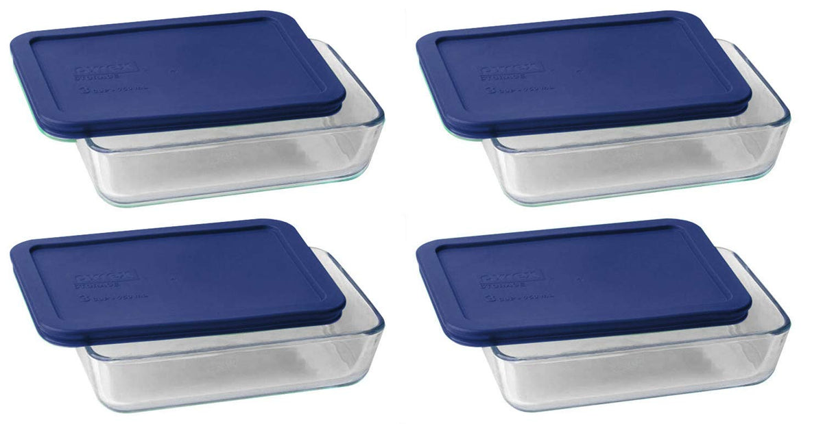 Pyrex 7210: plato de vidrio con tapa azul oscuro, ideal para almacenamiento seguro de sobras.