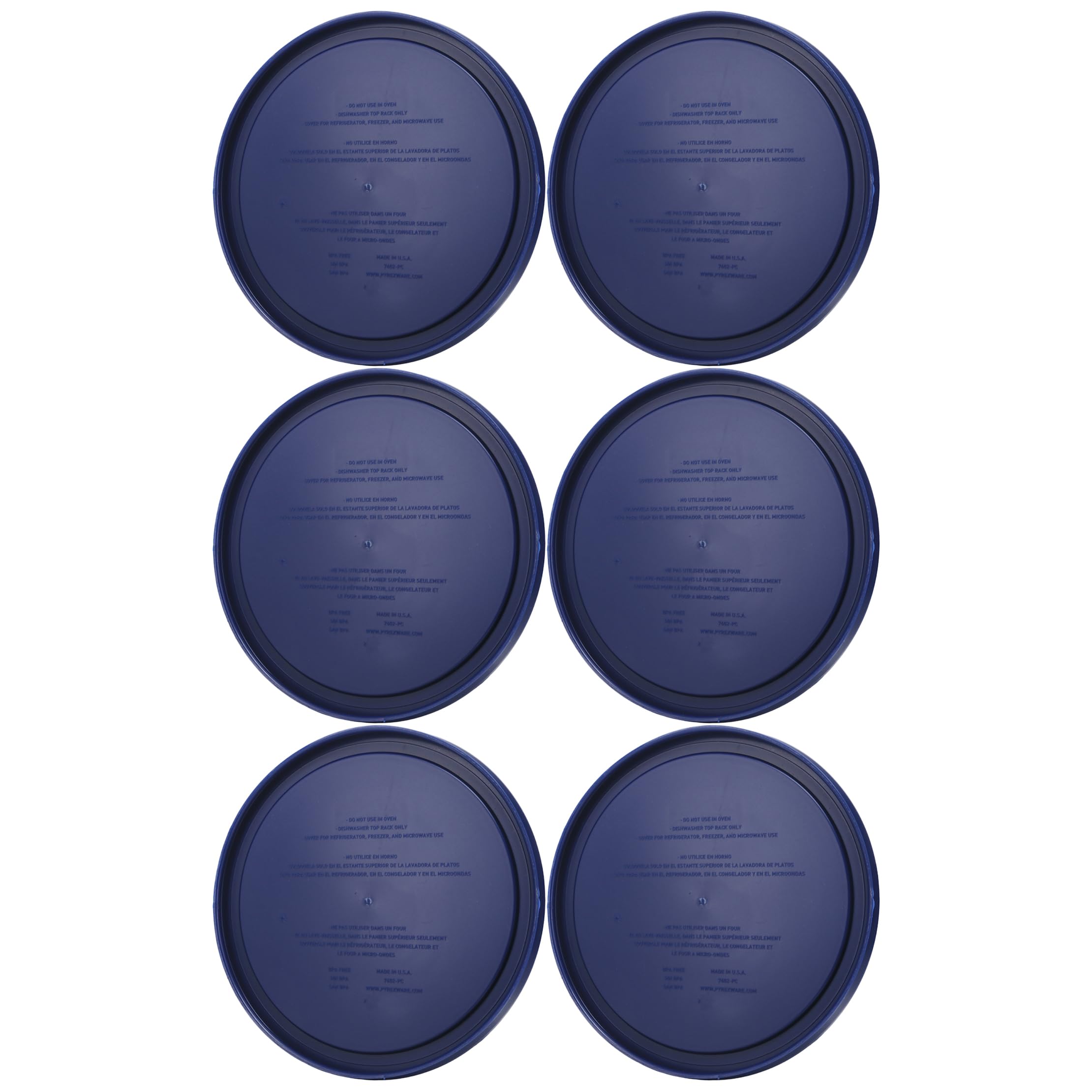 Tapa azul Pyrex 7402-PC lavable en lavavajillas en estante superior.