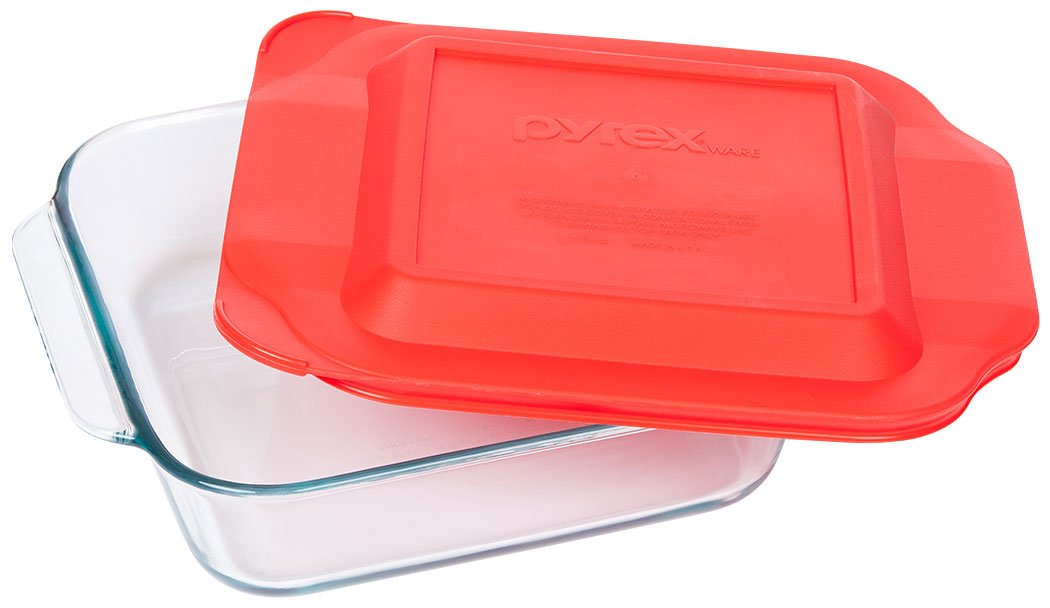 Pyrex Basics 8 cuadrado con tapa roja, ideal para hornear y servir.
