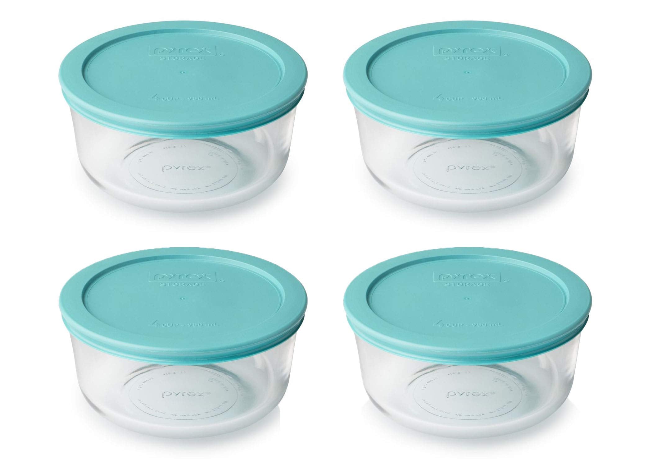 Pyrex contenedores redondos de 4 tazas con tapas turquesa, ideales para almacenar sobras y mantener la frescura.