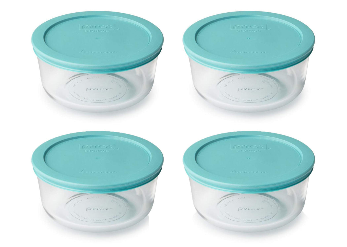 Pyrex contenedores redondos de 4 tazas con tapas turquesa, ideales para almacenar sobras y mantener la frescura.