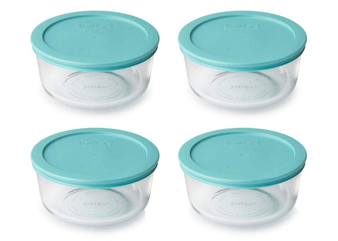 Pyrex contenedores redondos de 4 tazas con tapas turquesa, ideales para almacenar sobras y mantener la frescura.
