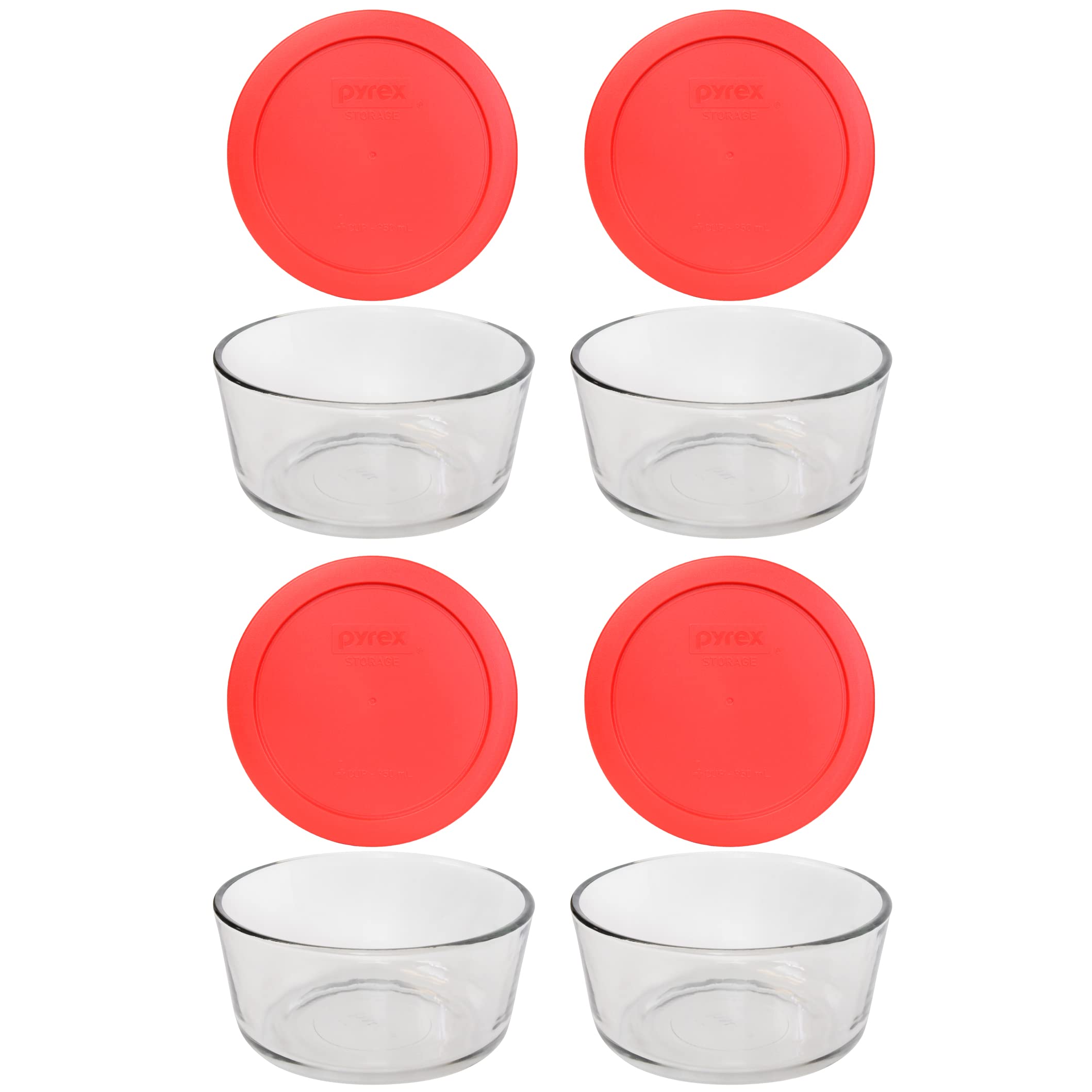 Plato de vidrio Pyrex con tapa roja, ideal para almacenar y recalentar comidas.
