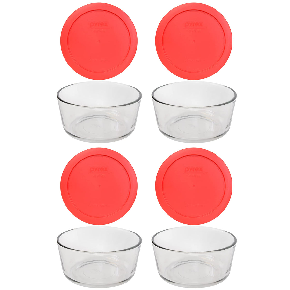 Plato de vidrio Pyrex con tapa roja, ideal para almacenar y recalentar comidas.
