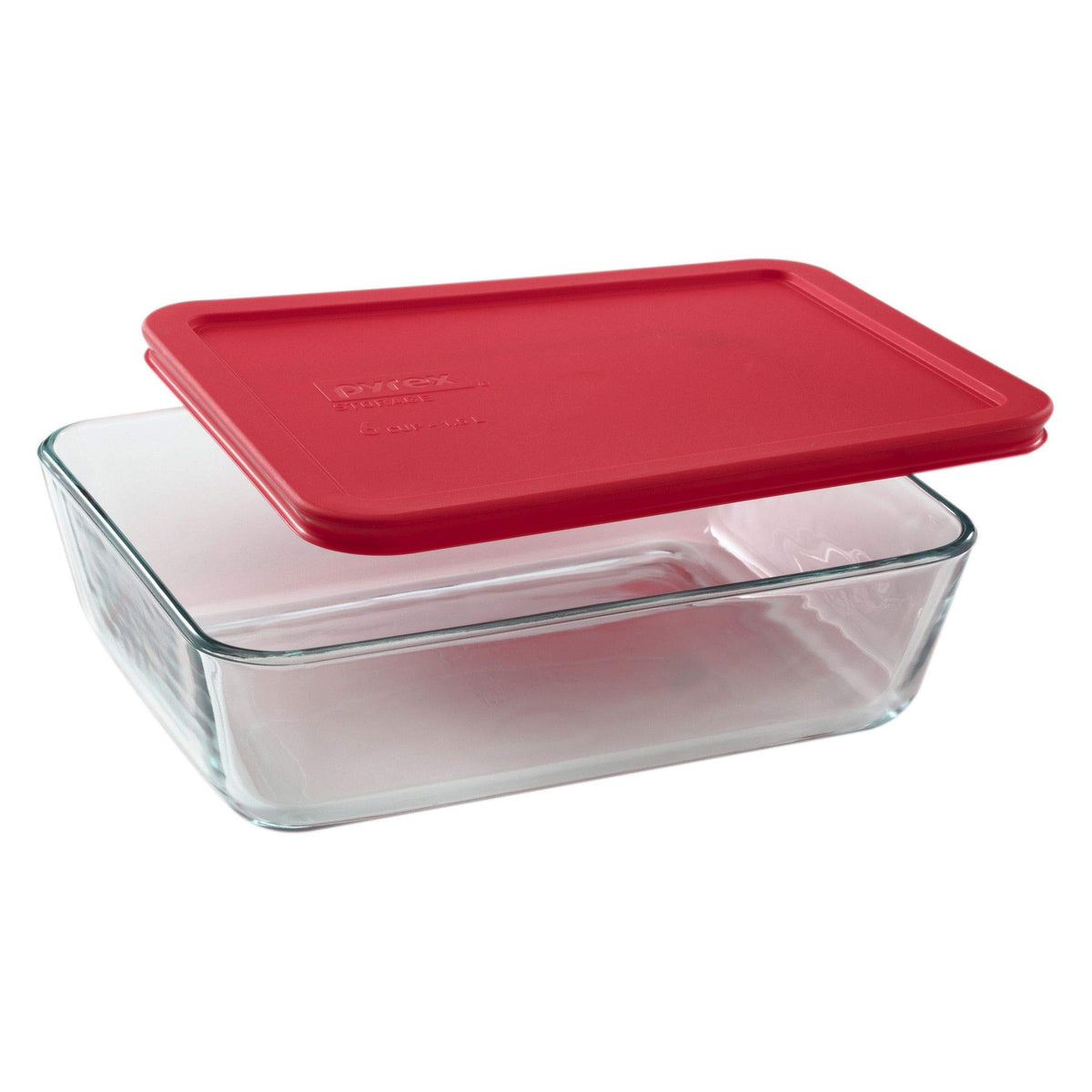 Tapas rojas de Pyrex para recipientes rectangulares de 6 tazas, almacenamiento práctico.