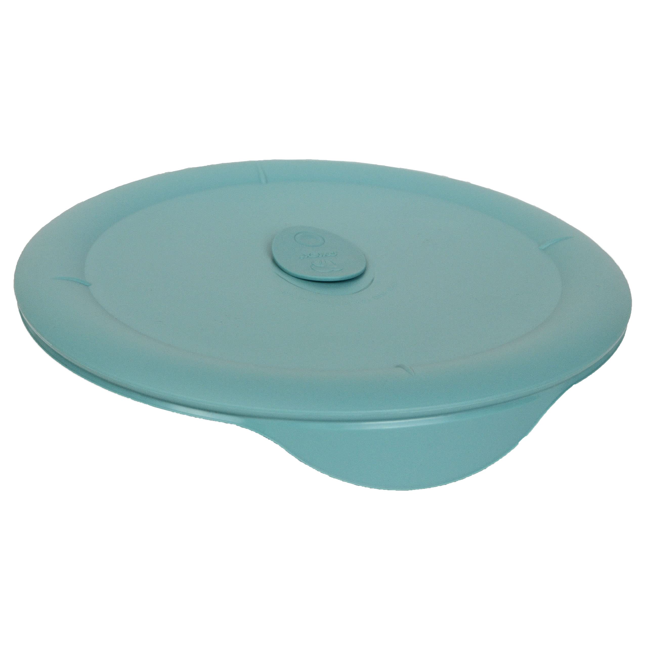 Detalle de la tapa ventilada Pyrex turquesa, diseño de ajuste seguro para almacenamiento.