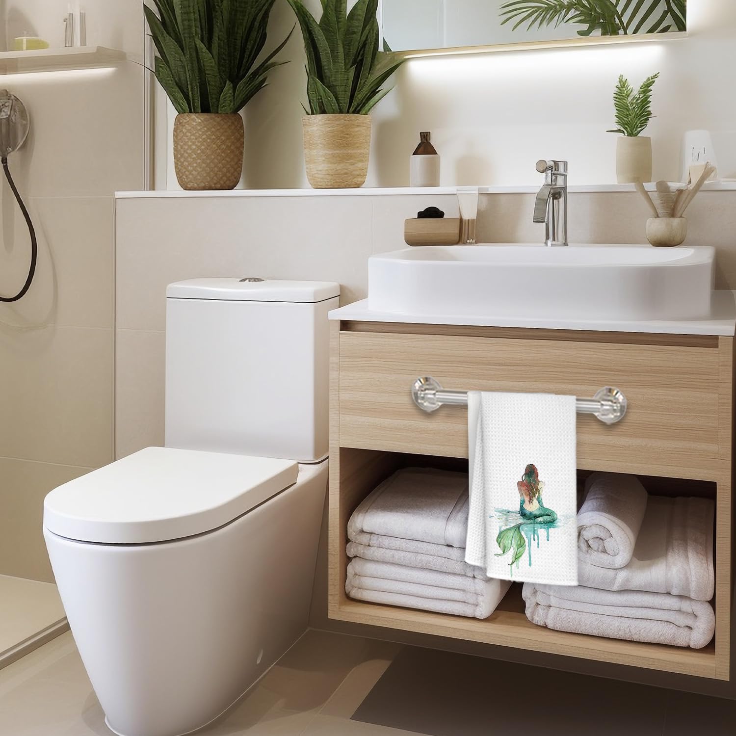 Toalla de cocina Qabliqo con sirena, diseño costero verde para secar utensilios o manos.