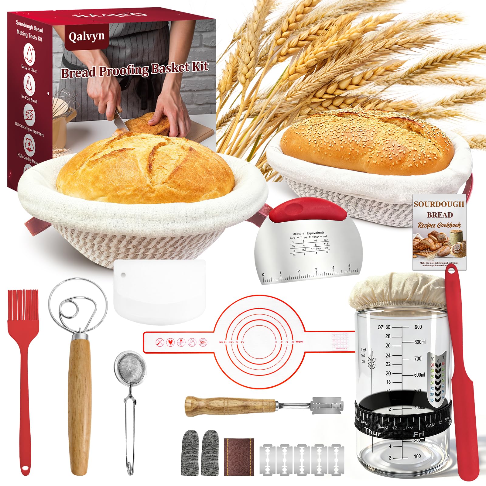Qalvyn kit de fermentación oval para pan, cestas que favorecen una corteza crujiente.