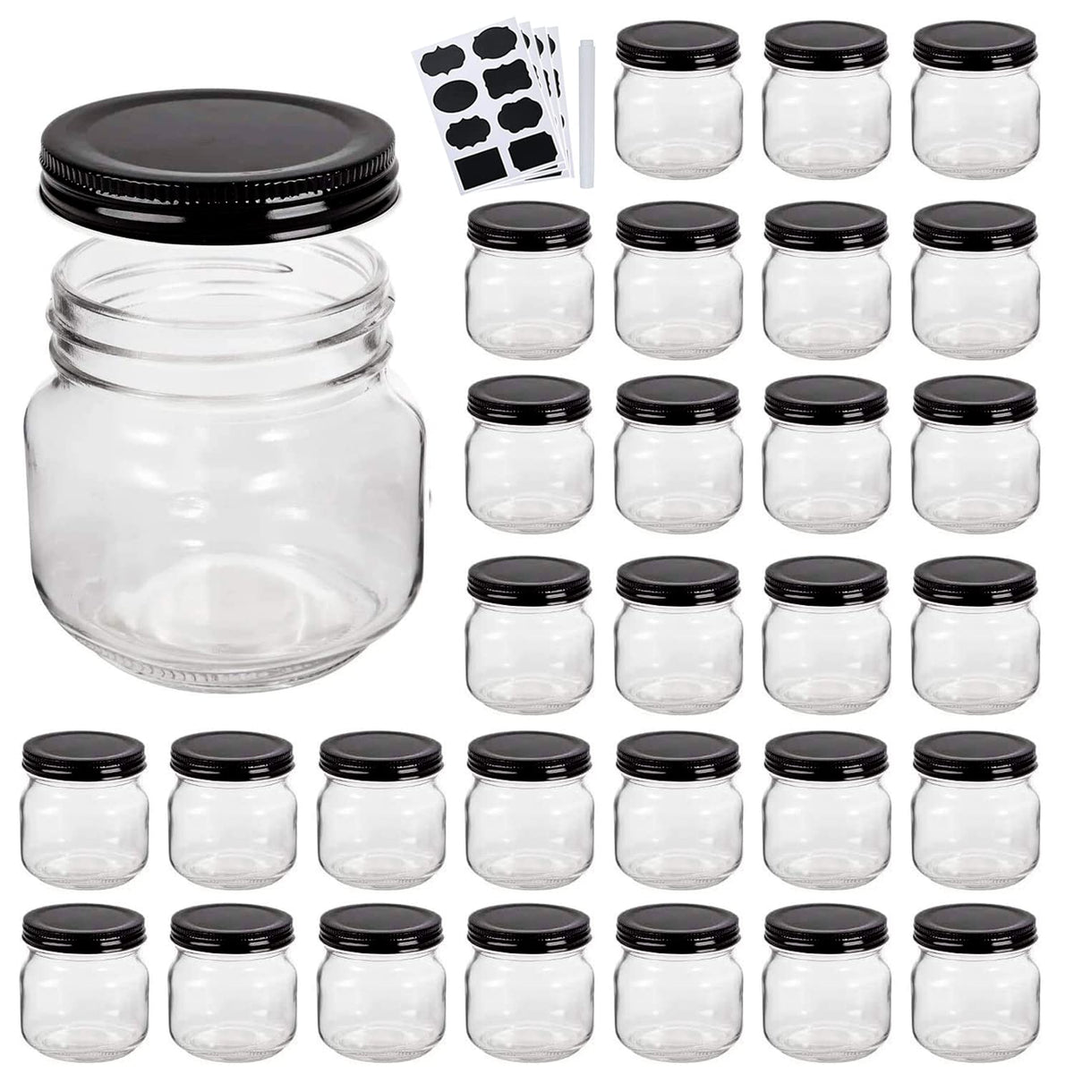 Frascos Mason QAPPDA 8oz con tapas negras, ideales para conservas y almacenamiento seguro.