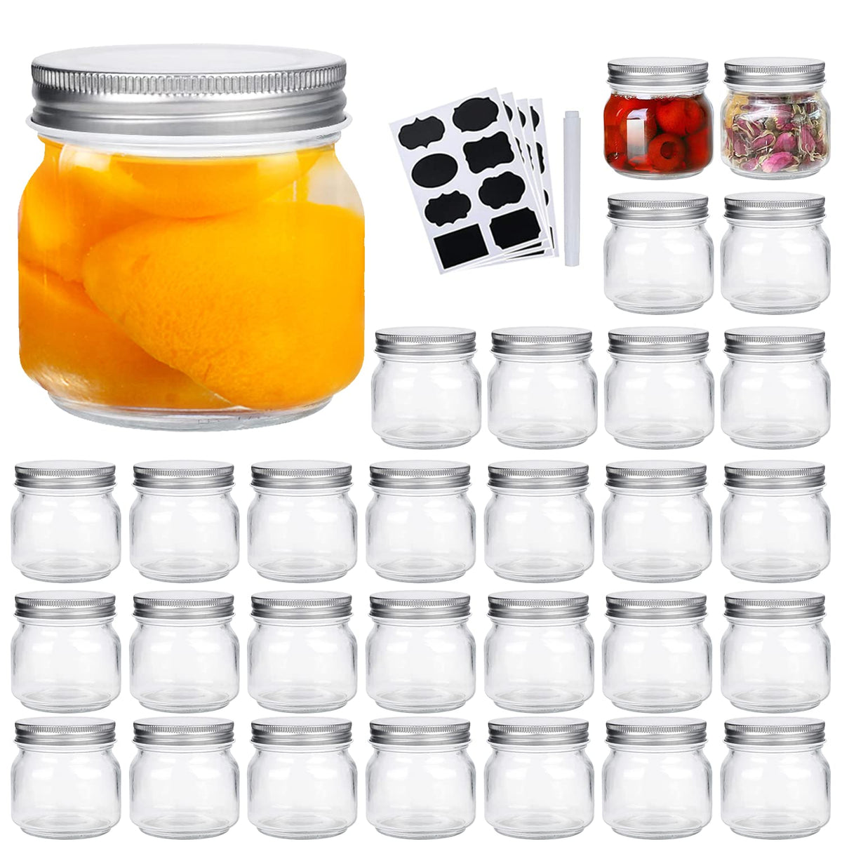 Frascos QAPPDA mason 8 oz con tapas plateadas para conservar alimentos.